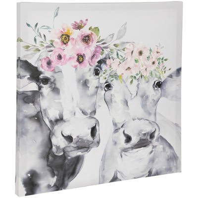 Rustic Gray and White Cows with Pink Wildflowers Canvas Wall Art