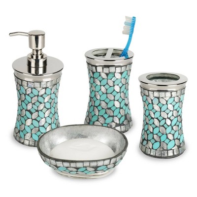 4pc Seafoam Glass/Metal Bath Accessory Set for Vanity Counter Tops Silver - Nu Steel