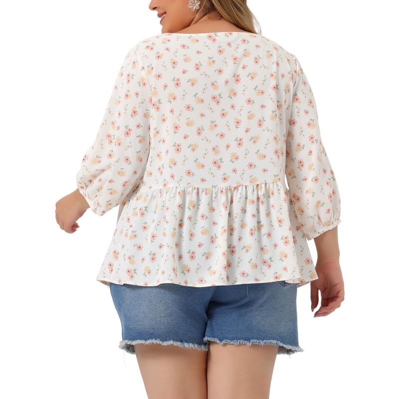 Agnes Orinda Women's Plus Size Casual Babydoll Peplum Cut Out 3/4 Sleeve Floral Blouses, 4 of 6