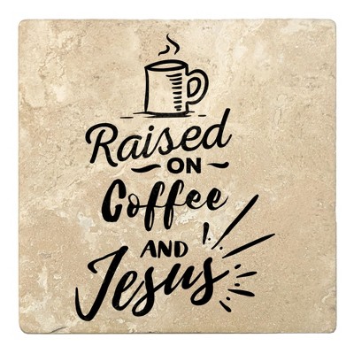 Christmas by Krebs Set of 4 Beige and Black "Raised ON Coffee AND Jesus" Square Coasters 4"