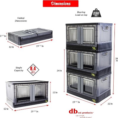 Gray Plastic Stackable Collapsible Storage Bins with Doors, 3 Pack