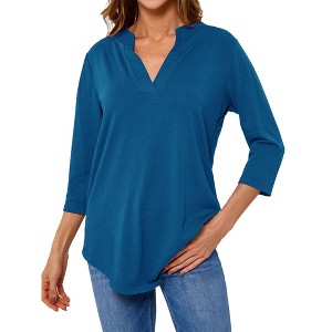 Nlife Women V Neck Solid Color Blouses Relaxed Fit 3/4 Sleeve Curved Hem Tunics Tops - 1 of 4