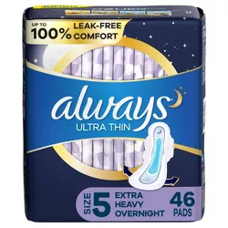 Always Extra Heavy Overnight Absorbency Unscented Ultra Thin Pads with Wings - Size 5 - 46ct