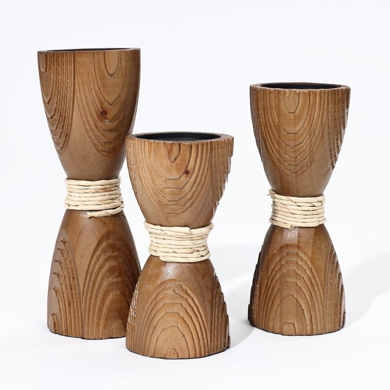 LuxenHome 3-Piece Pine Wood with Rattan Pillar Candle Holder Set Brown, 1 of 9