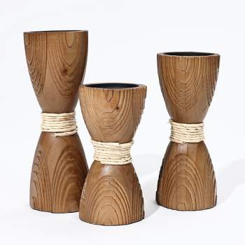 LuxenHome 3-Piece Pine Wood with Rattan Pillar Candle Holder Set Brown