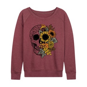 Women's - Instant Message - Skull With Fall Foliage Lightweight French Terry Wide Neck Long Sleeve Shirt - 1 of 4