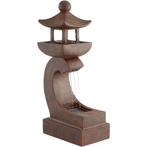 Pagoda 31" High Large Zen Japanese Indoor Outdoor Decor Rust Stone Floor Fountain with Light LED Waterfall Outside Garden Patio Yard - 1 of 4