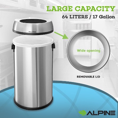 17-Gallon Stainless Steel Open Top Trash Can with Black Ring, 2-Pack