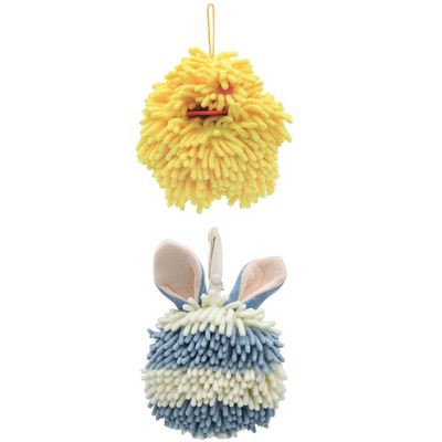 REGALWOVEN 2 Packs Fluffy Chenille Rabbit Shape Cute Soft Absorbent Hanging Ball Hand Towels 7" x 7"