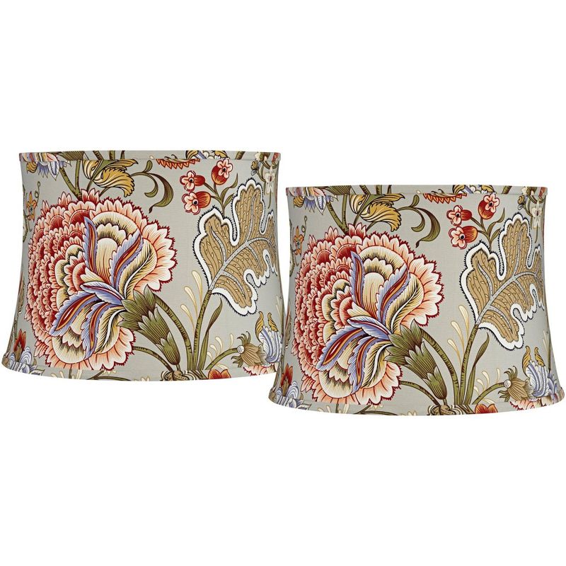 Springcrest Set of 2 Drum Print Lamp Shades Sage Green Medium 14" Top x 16" Bottom x 11.5" High Spider Harp and Finial Fitting, 1 of 7