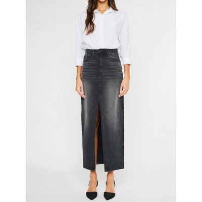 Women's Longline Black Washed Denim Skirt - KanCan