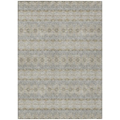Silver Gray And Gold Floral Medallion Washable Indoor Outdoor Area Rug