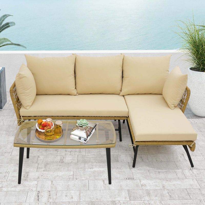 Costway 3 PCS L-Shaped Patio Sofa Set Conversation Furniture with Cushions Deck Garden Black/Beige, 4 of 11