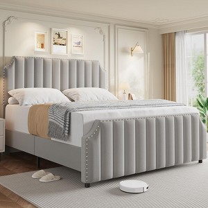 Velvet Upholstered Bed Frame, Tall Headboard with Nailhead Trim, Vertical Channel Tufted Platform Bed with Footboard and Wooden Slats - 1 of 4