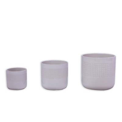 VisioGear 3PCS Grid Ceramic Flowerpot, Modern Planter for Patio, Garden, Windowsill, Ancient White, 9.65"*9.65"*9.26"
