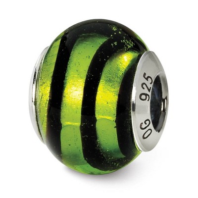 Black Bow Jewelry Sterling Silver, Green and Black Striped Murano Glass Bead Charm
