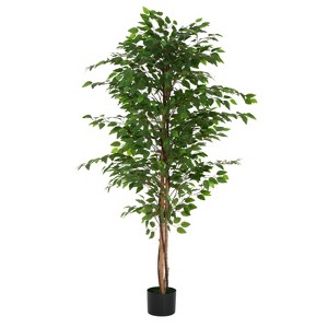 Gulches 74in Artificial Ficus Tree in Pot Green Polyester Leaves Wood Trunk Indoor Floor Plant Decor - 1 of 4