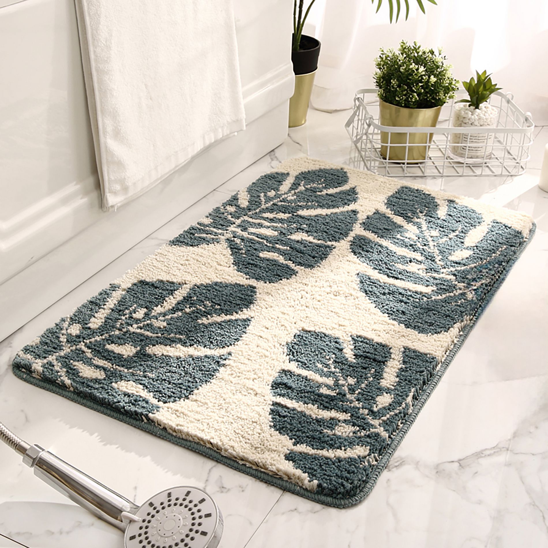 Zarkea® Washable Soft Botanical Microfiber Runner Rug,Blue Leaf on Cream,Pet-Friendly, Anti-Slip