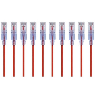 Monoprice SlimRun Cat6A Ethernet Patch Cable - Network Internet Cord - RJ45, Stranded, UTP, Pure Bare Copper Wire, 30AWG, 2ft, Red, 10-Pack