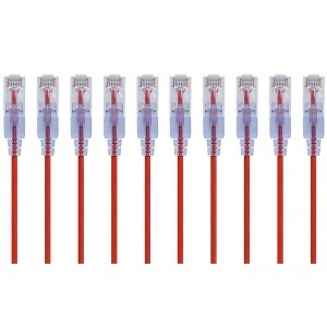 Monoprice SlimRun Cat6A Ethernet Patch Cable - Network Internet Cord - RJ45, Stranded, UTP, Pure Bare Copper Wire, 30AWG, 2ft, Red, 10-Pack - 1 of 4