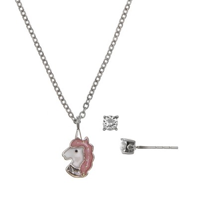 FAO Schwarz Fine Silver Plated Unicorn Pendant Necklace and Earring Set