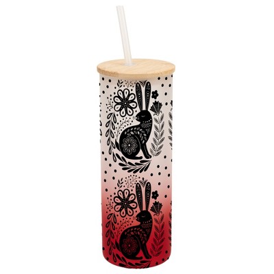 Elanze Designs Woodland Bunny Rabbit Flower Wrap-Around Design 25 Ounce Frosted Gradient Glass On-The-Go Coffee Travel Skinny Tumbler Mug Cup, Bamboo