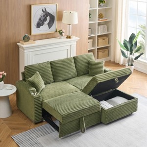 PAGED Foldable Sofa with Storage Footstool, Modern Corduroy Pull-Out Sofa Couch with Cup Holder for Living Room, Home Office - 1 of 4