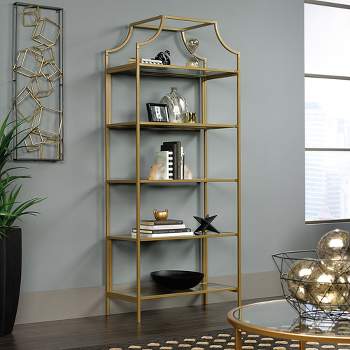 71" International Luxury Bookshelf Satin Gold Finish - Sauder: 5-Tier, Glass Shelves, Modern Decor, No Tools Assembly