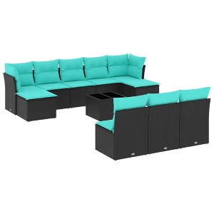 vidaXL 11 Piece Patio Sofa Set with Cushions Black and Blue Poly Rattan - With Table - 1 of 4