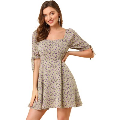 Allegra K Women's Floral Printed Sweetheart Neck Puff Sleeve A-Line Mini Dress