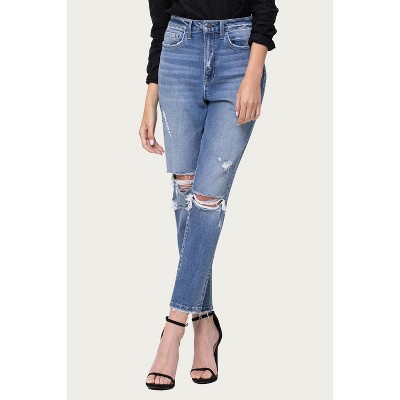 Women's COMFORT STRETCH HIGH-RISE DISTRESSED MOM JEANS - FLYING MONKEY
