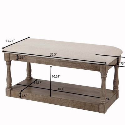 Beige Linen Upholstered Bench with Storage Shelf