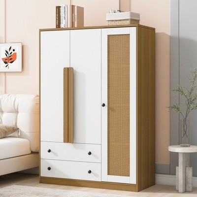 Vynxaria 3-Door Wooden Rattan Wardrobe with 2 Drawers - Stylish Storage for Bedroom in White & Natural Finish