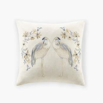 LIVN CO. Embroidered Crane-on-Blossom Square Decorative Pillow 18x18"