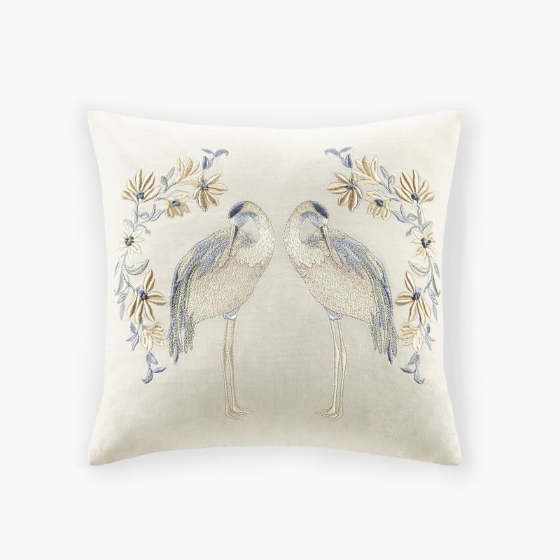 LIVN CO. Embroidered Crane-on-Blossom Square Decorative Pillow 18x18", 1 of 7