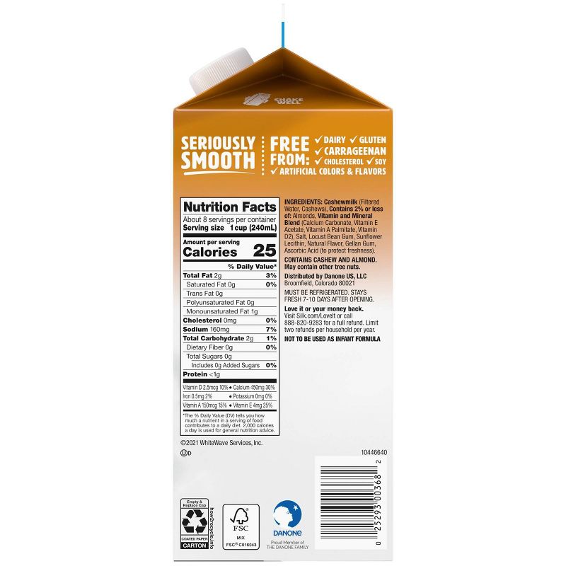 Silk Dairy-Free Unsweet Vanilla Cashewmilk - 0.5gal, 3 of 6