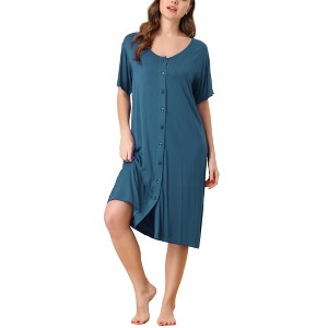 cheibear Women's Nightgown Button Down Short Sleeve Soft Modal Loose Pajama Sleepshirt - 1 of 4