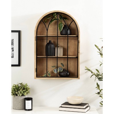 Natural Wood and Black Arched Wall Cabinet with Metal Door