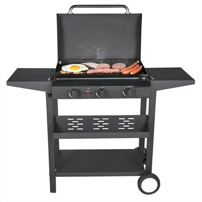 SKONYON 3-Burner Propane Gas BBQ Grill with Side Burner,  Wheels, Shelves