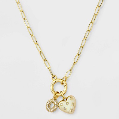 14K Gold Dipped Cubic Zirconia Puffy Heart Charm Initial Necklace - A New Day™ Gold