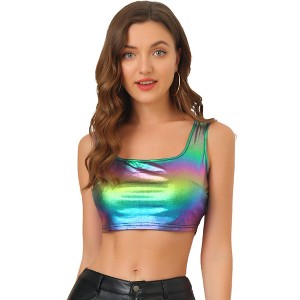 INSPIRE CHIC Women's U Neck Sleeveless Party Clubwear Shiny Metallic Crop Tank Tops - 1 of 4