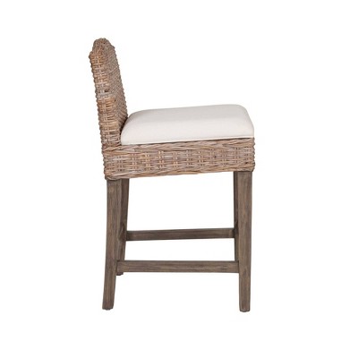 White Upholstered Rattan Counter Stool with Wooden Base