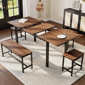 Acekool 5-Piece Dining Table, 63" Extendable Kitchen Table with 2 Benches and 2 Stools, Modern Dining Room Furniture, Easy Assembly, Black - 1 of 4