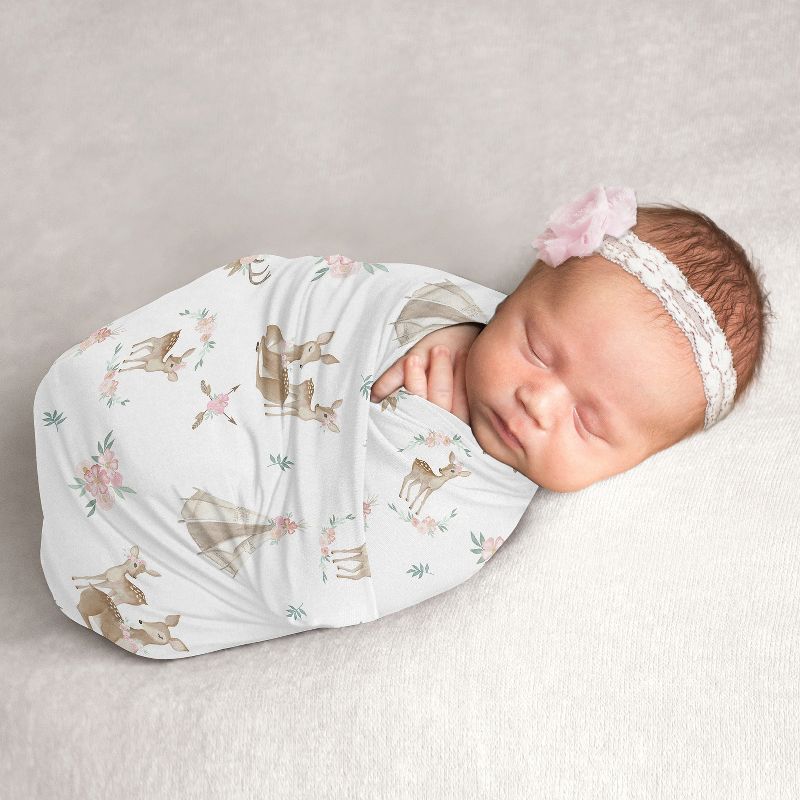 Sweet Jojo Designs Girl Swaddle Baby Blanket Deer Floral Pink Green and White, 1 of 7