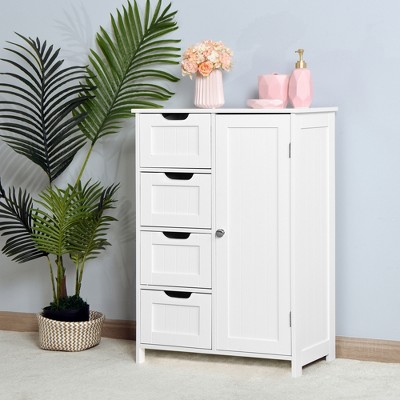 Dolonm White Bathroom Storage Cabinet with Adjustable Shelf & 4 Drawers - Modern Floor Cabinet for Bathroom, Bedroom, or Hallway