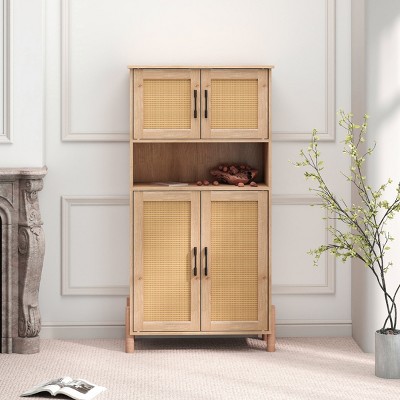 Mid Century Modern Rattan Storage Cabinet with 4 Doors & Adjustable Shelves,Accent Pantry for Living Room Dining Room Bedroom-Baofuwish
