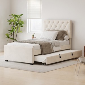 Twin Size Velvet Platform Bed with Trundle Bed Headboard and Adjustable Button Tufted Headboard, No Box Spring Needed-ModernLuxe - 1 of 4