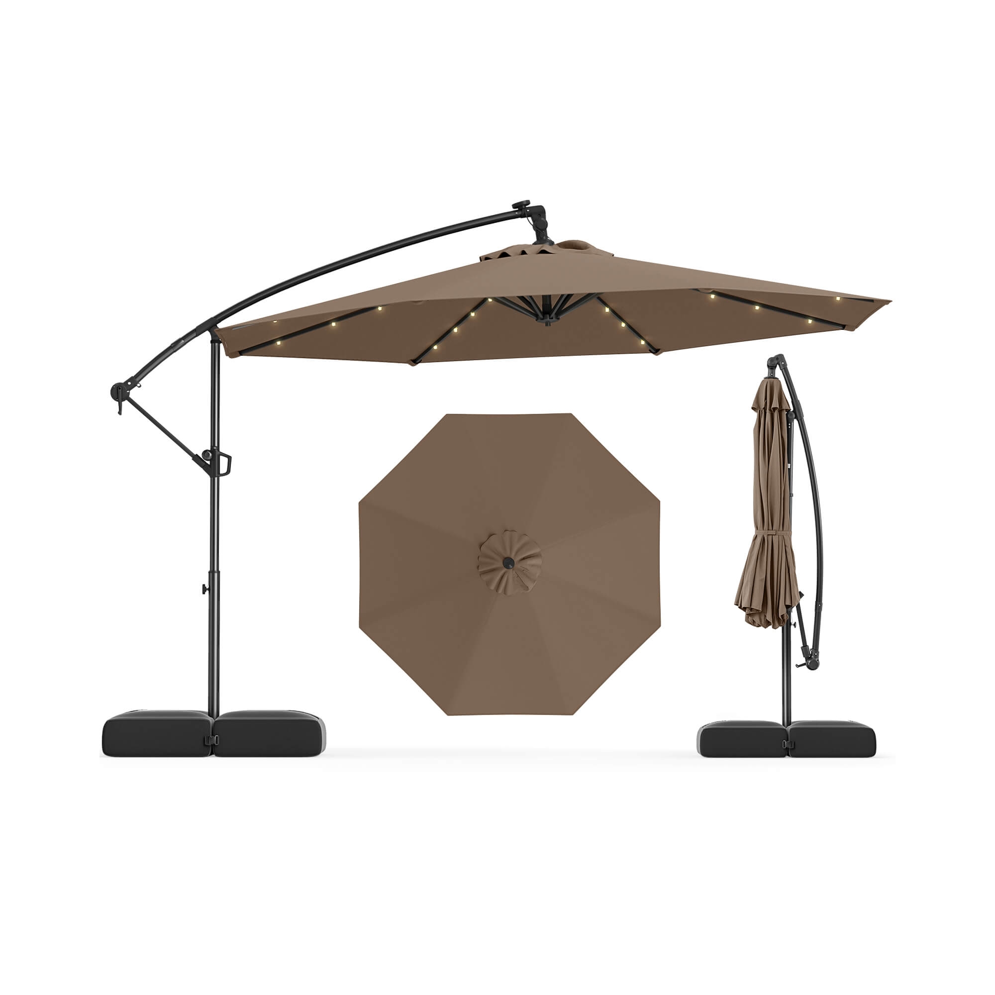 Costway 10 FT Solar Offset Hanging Umbrella Patio Cantilever Umbrella with 32 LED Lights Brown
