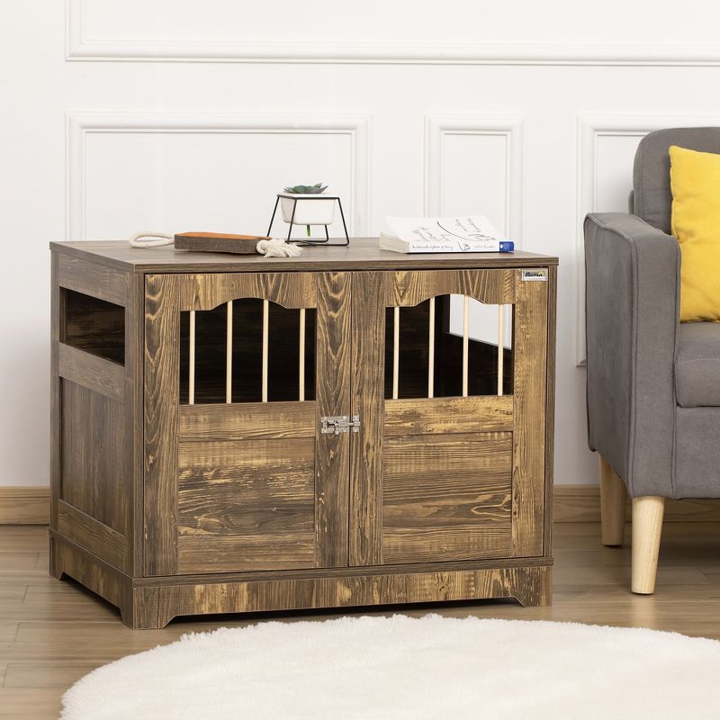 PawHut Wooden Dog Kennel, End Table Furniture with Lockable Door, Small & Medium Size Pet Crate Indoor Puppy Cage, Brown, 2 of 7