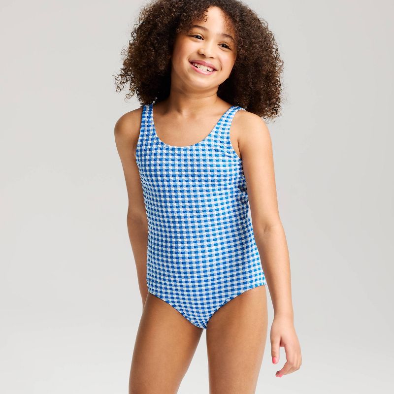 Girls' Gingham Bow Back One Piece Swimsuit - Cat & Jack™ Blue XS